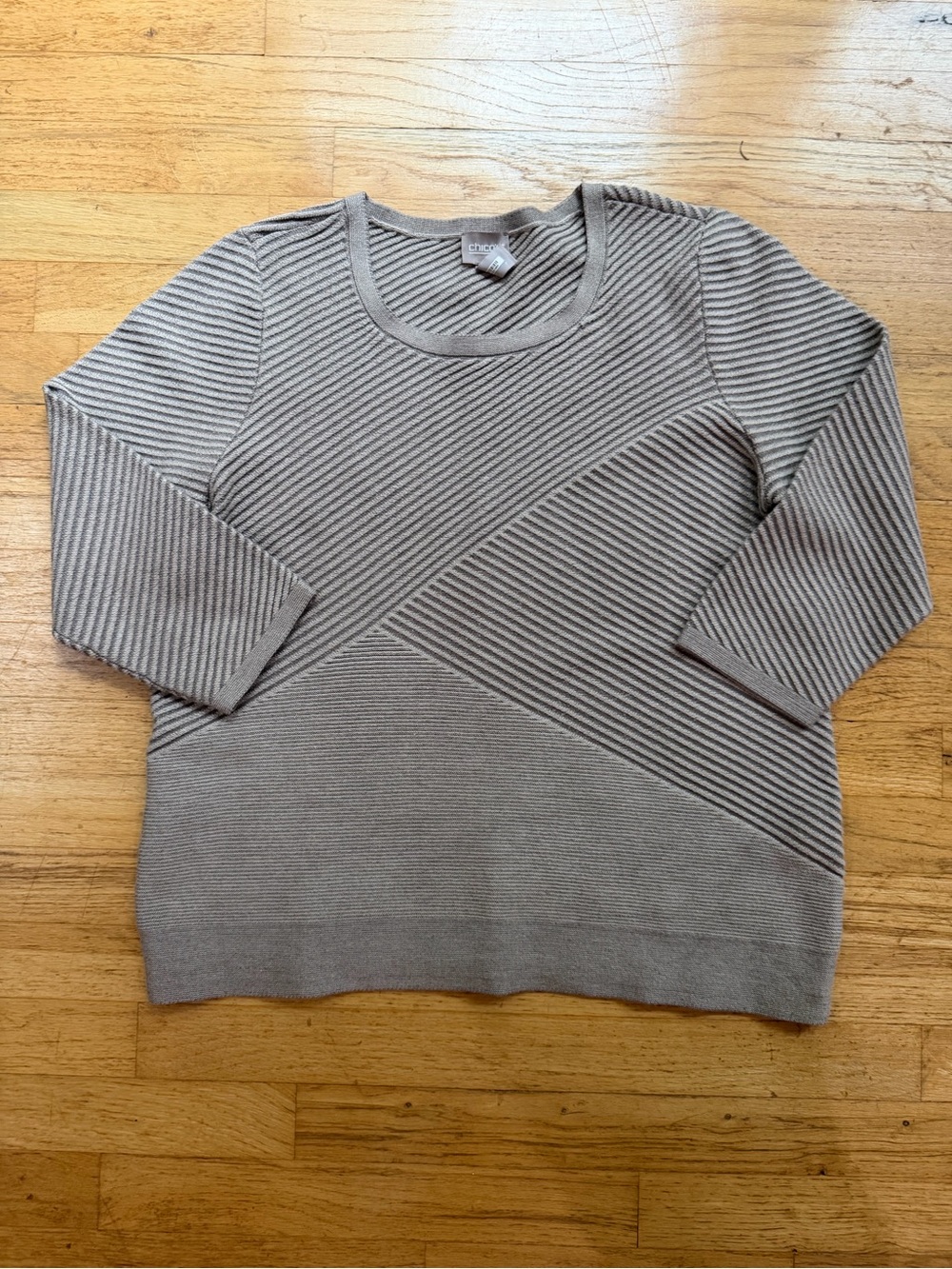 Chico's Taupe Diagonal Ribbed Scoop-Neck Sweater